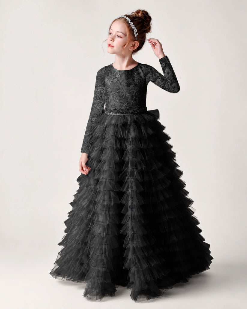 Black Lace Ball Gown Pageant Dress Front View