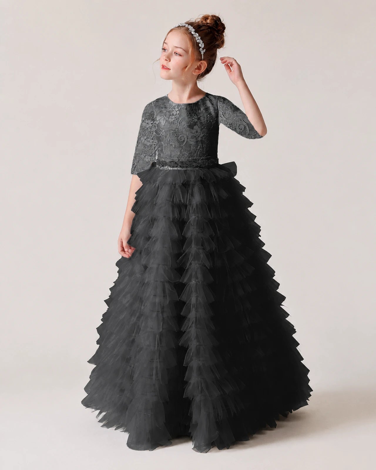 Black Lace Ball Gown Pageant Dress Front View