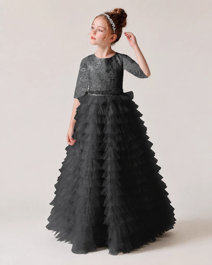 Black Lace Ball Gown Pageant Dress Front View