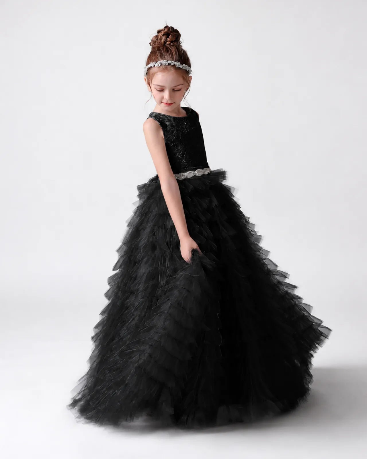 Black Tulle Ball Gown Girls Formal Dress Side View
