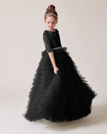 Black Side Tiered Flower Girl Dress