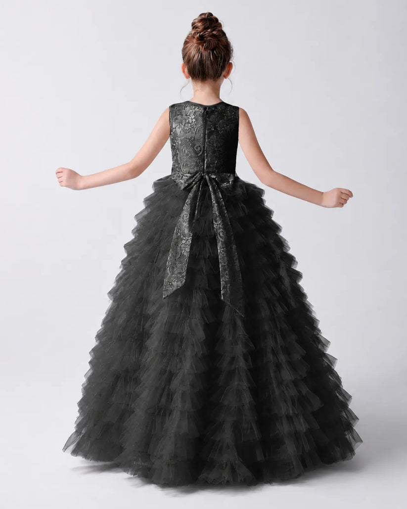 Black Tulle Ball Gown Girls Formal Dress Back View