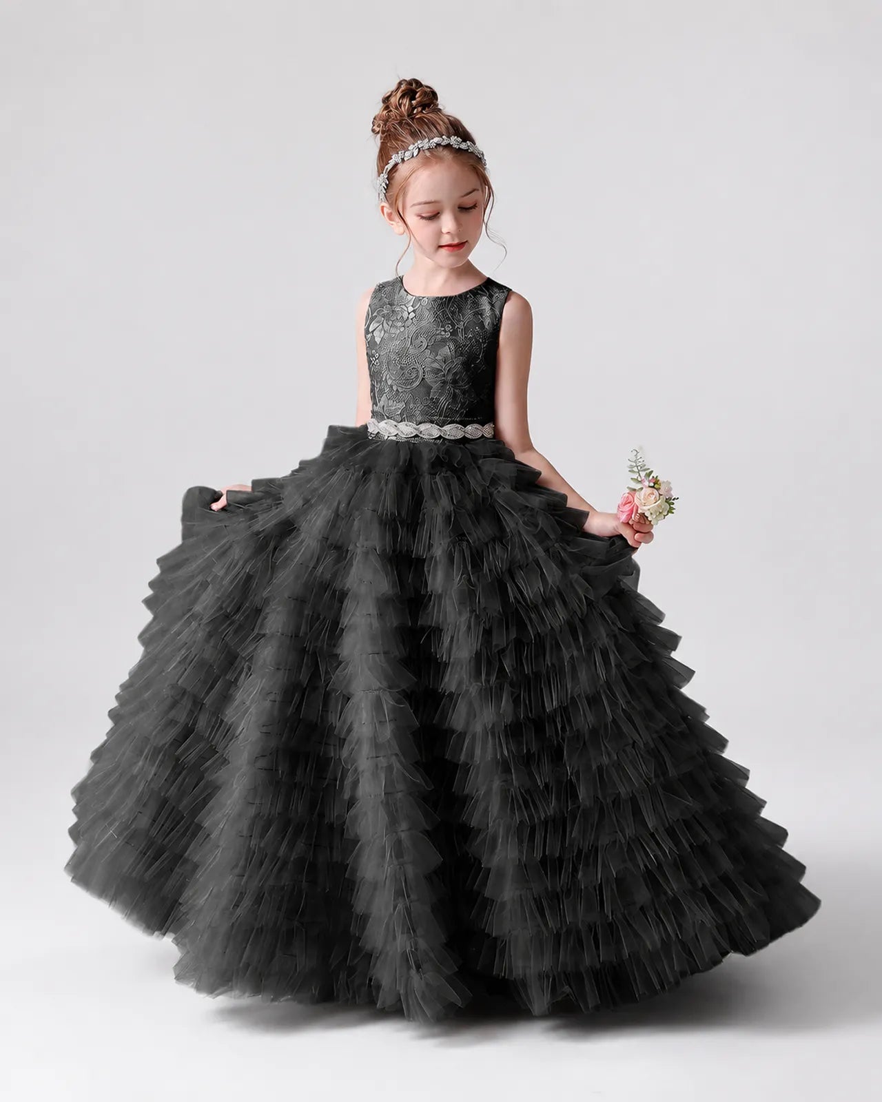 Black Tulle Ball Gown Girls Formal Dress Front View