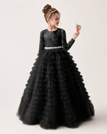 Black Front Tiered Long Sleeve Flower Girl Dress