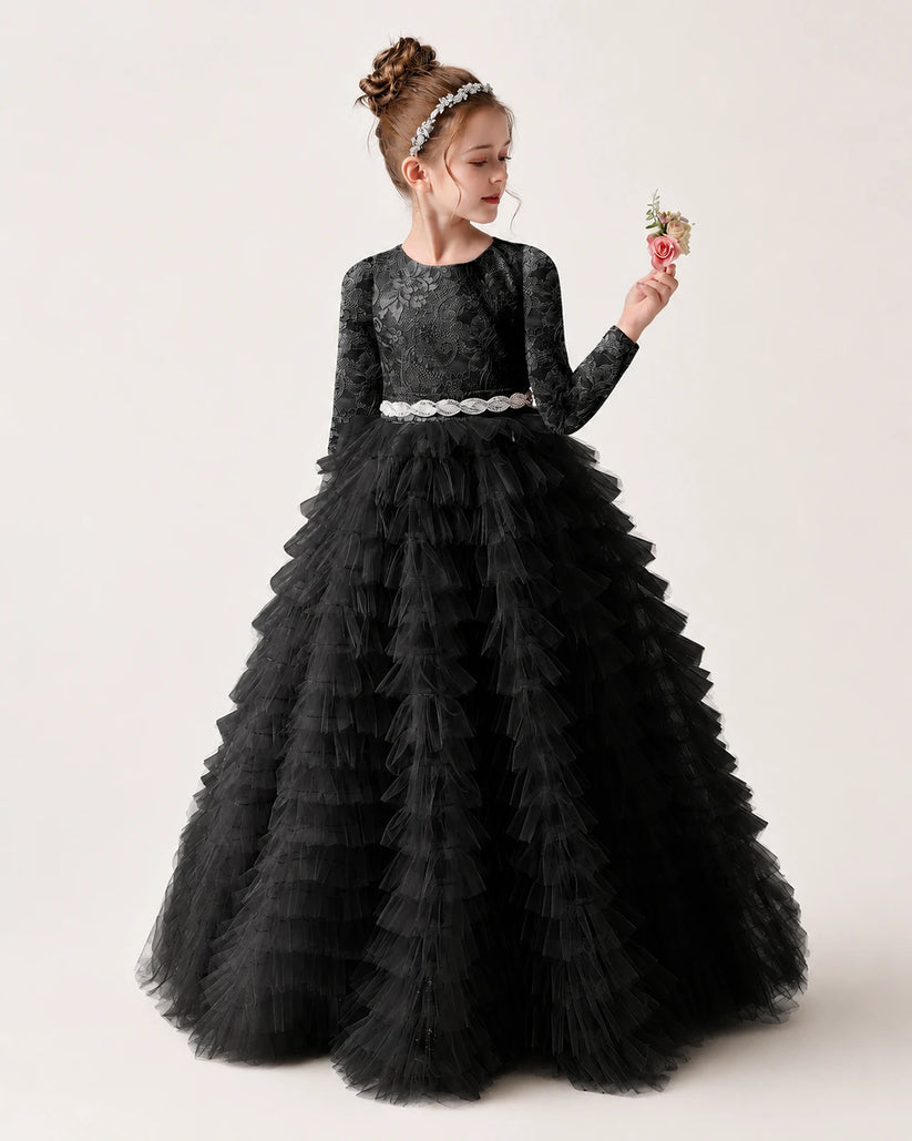 Black Lace Ball Gown Pageant Dress Front View
