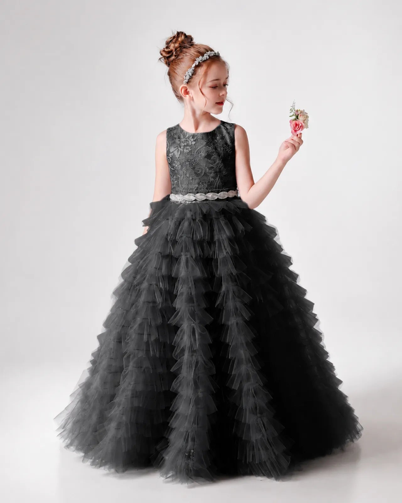 Black Lace Ball Gown Girls Formal Dress Front View