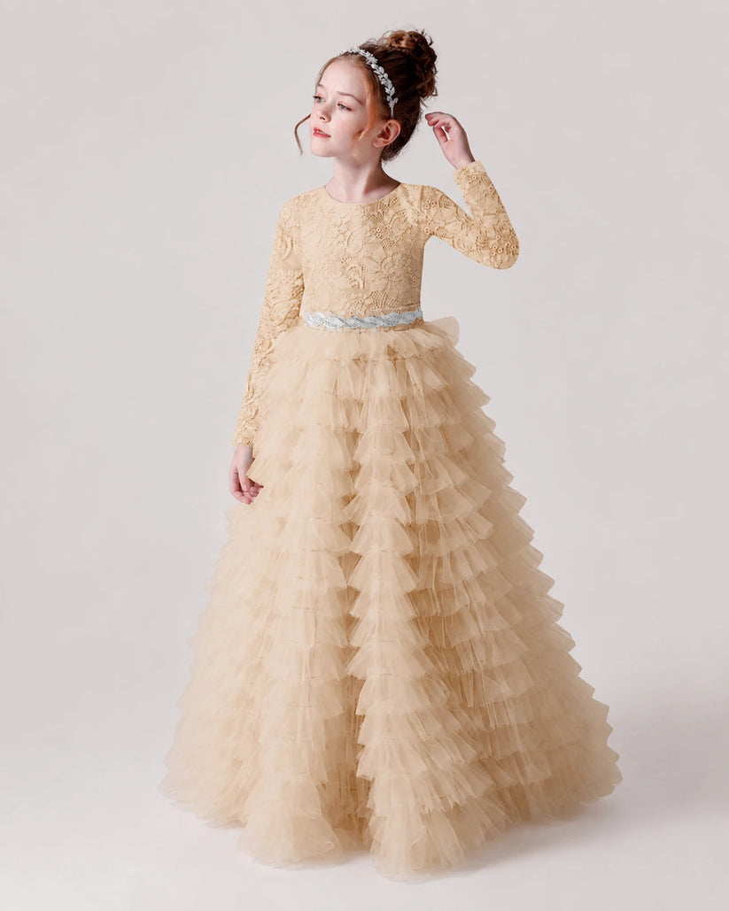 Champagne Lace Ball Gown Pageant Dress Front View