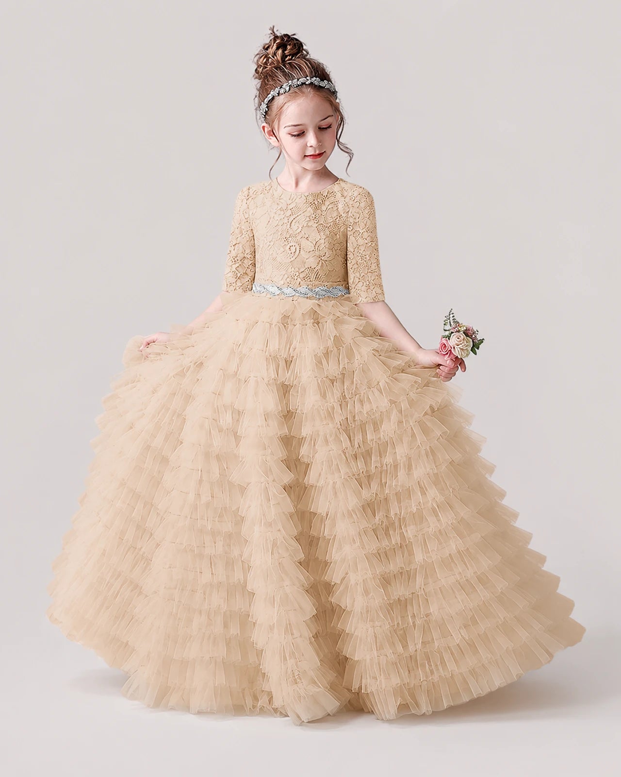 Champagne Tulle Ball Gown Pageant Dress Front View