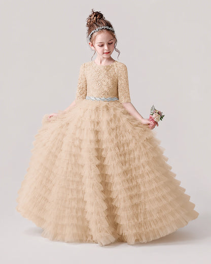 Champagne Tulle Ball Gown Pageant Dress Front View