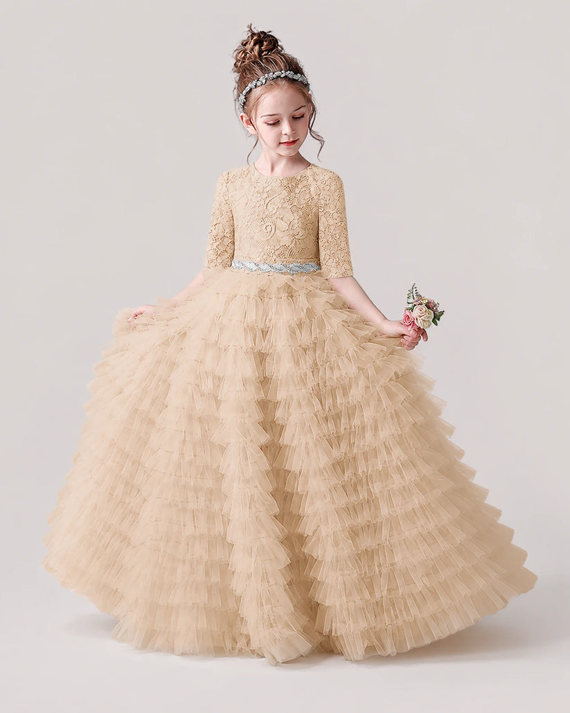 Champagne Tulle Ball Gown Pageant Dress Front View