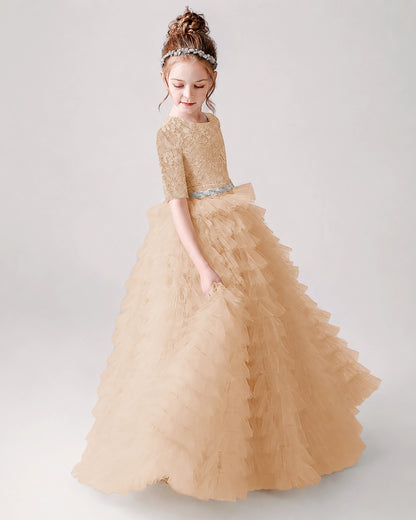 Champagne Tulle Ball Gown Pageant Dress Front View