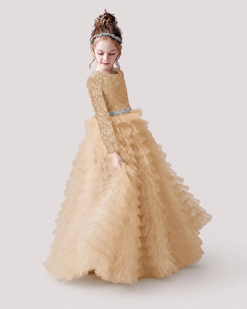 Champagne Lace Ball Gown Pageant Dress Front View