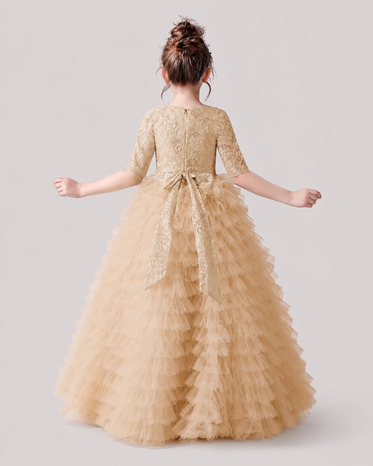 Champagne Lace Ball Gown Pageant Dress Back View