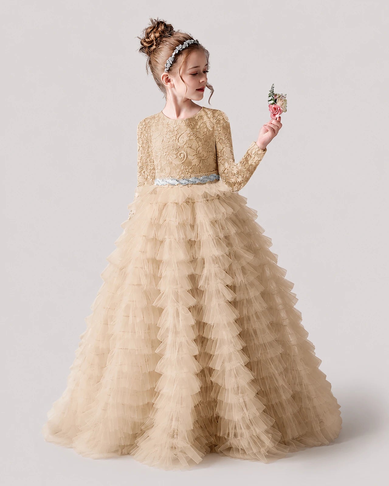 Champagne Front Tiered Long Sleeve Flower Girl Dress
