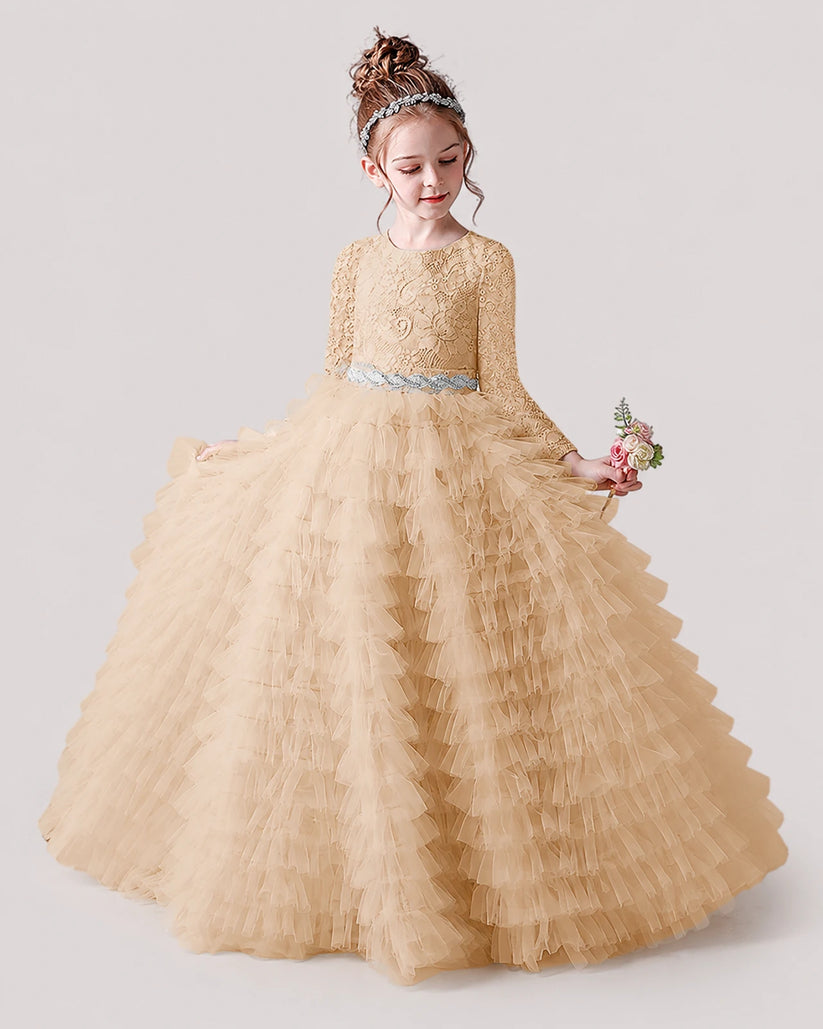 Champagne Tulle Ball Gown Pageant Dress Front View