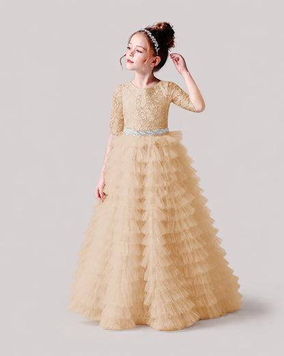 Champagne Tulle Ball Gown Pageant Dress Front View