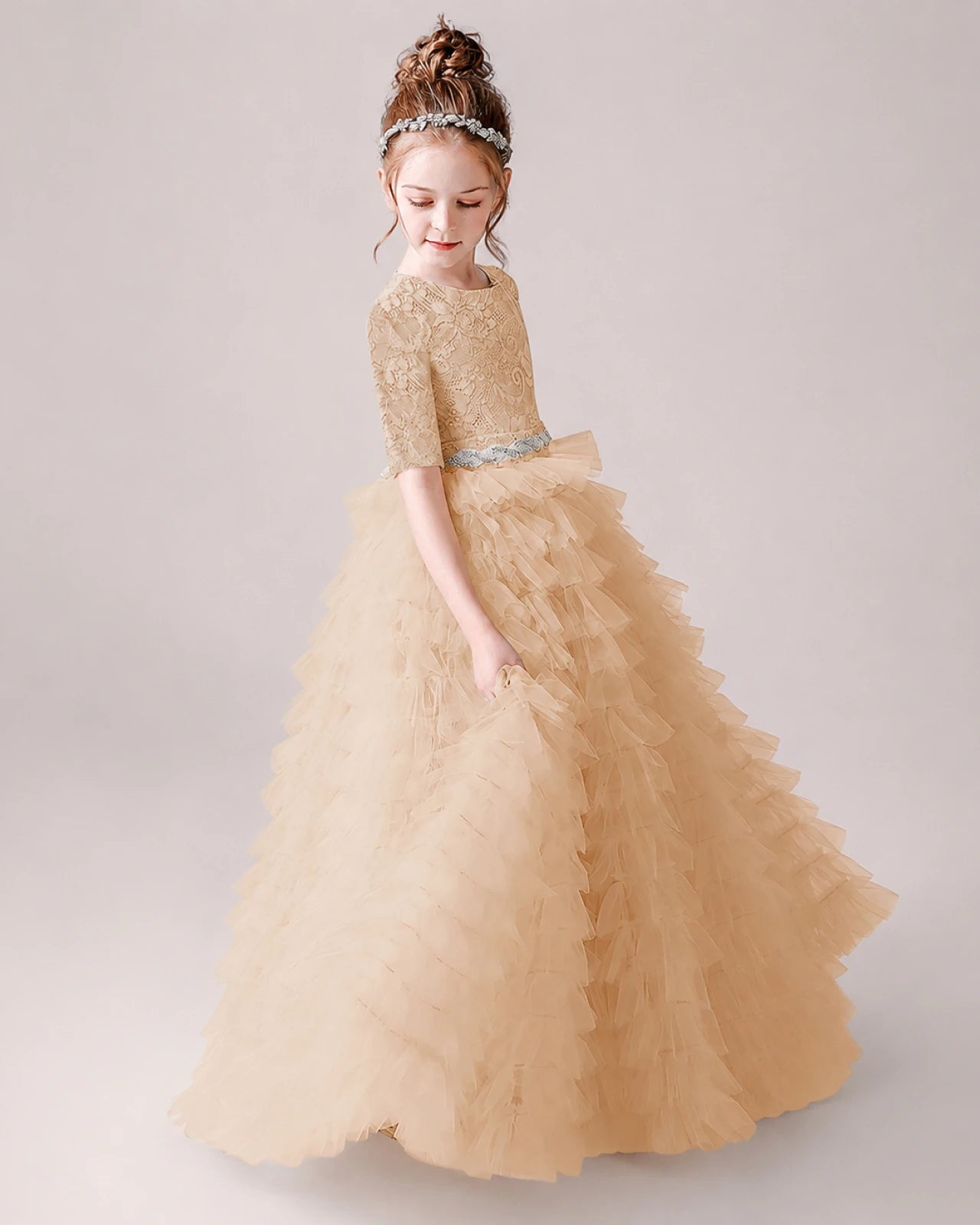 Champagne Lace Ball Gown Pageant Dress Front View