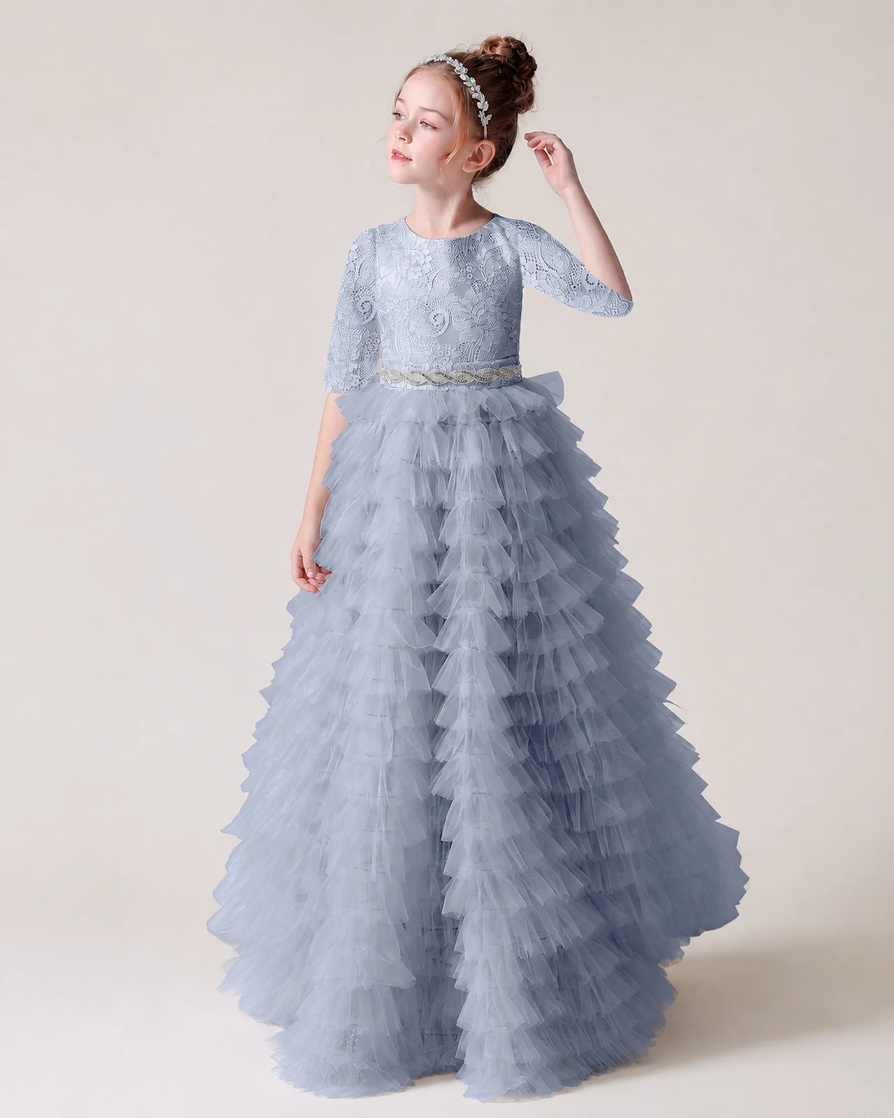 Dusty Blue Lace Ball Gown Pageant Dress Front View