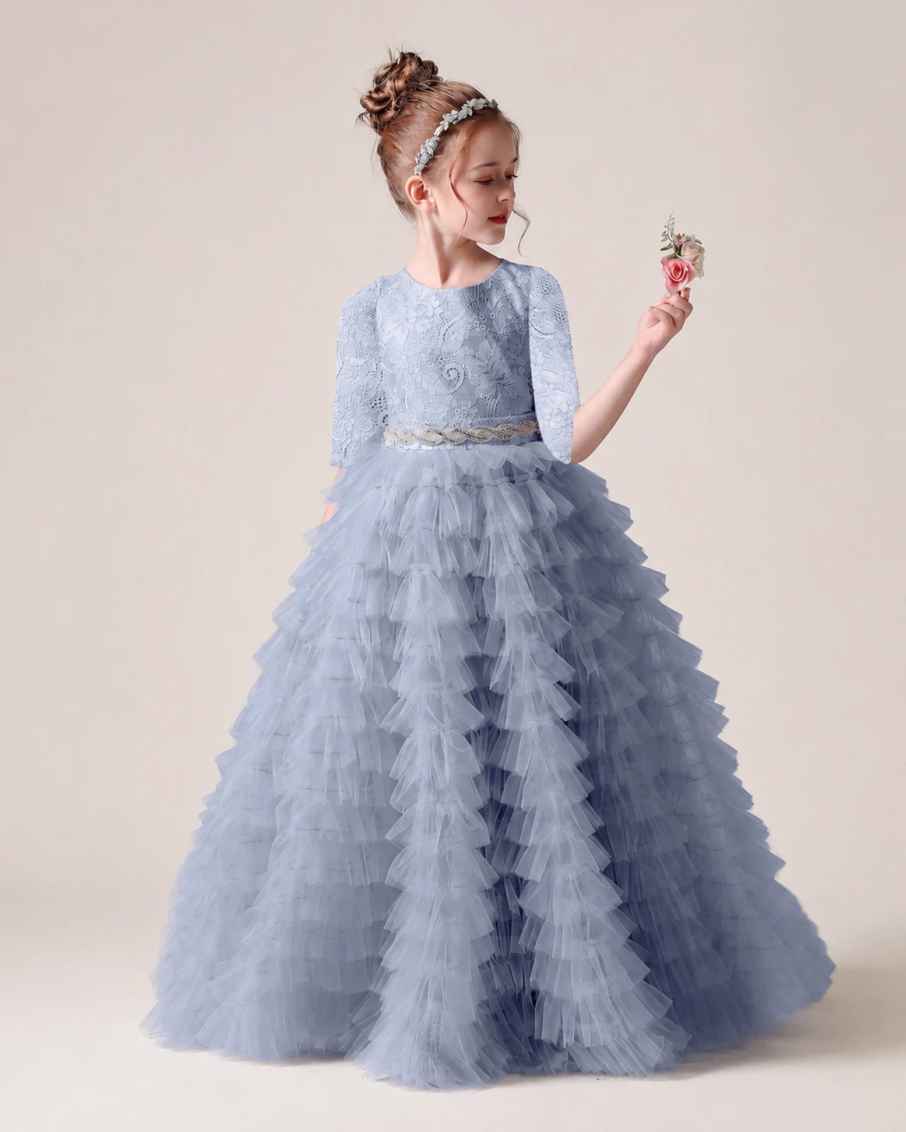 Dusty Blue Lace Ball Gown Pageant Dress Front View