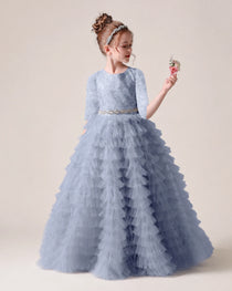Dusty Blue Front Tiered Flower Girl Dress