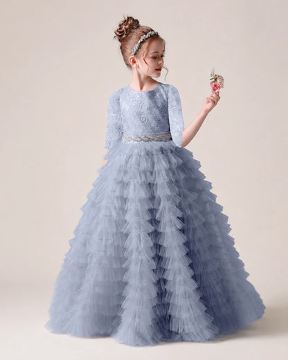 Dusty Blue Lace Ball Gown Pageant Dress Front View
