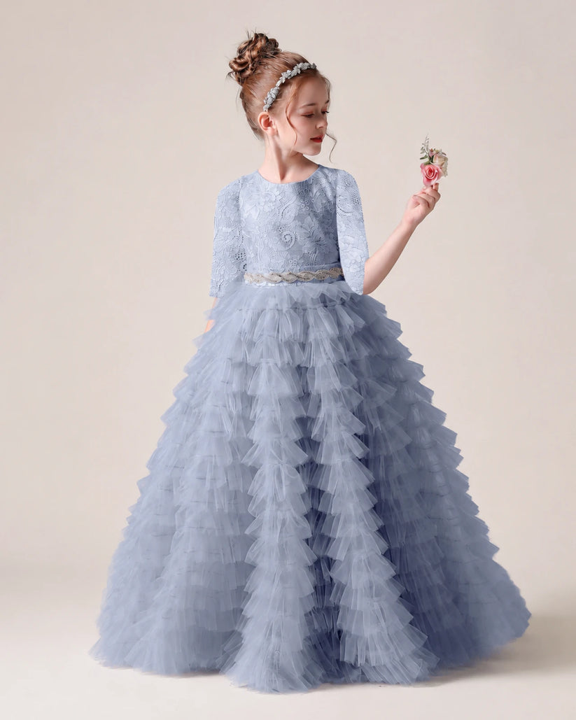 Dusty Blue Lace Ball Gown Pageant Dress Front View