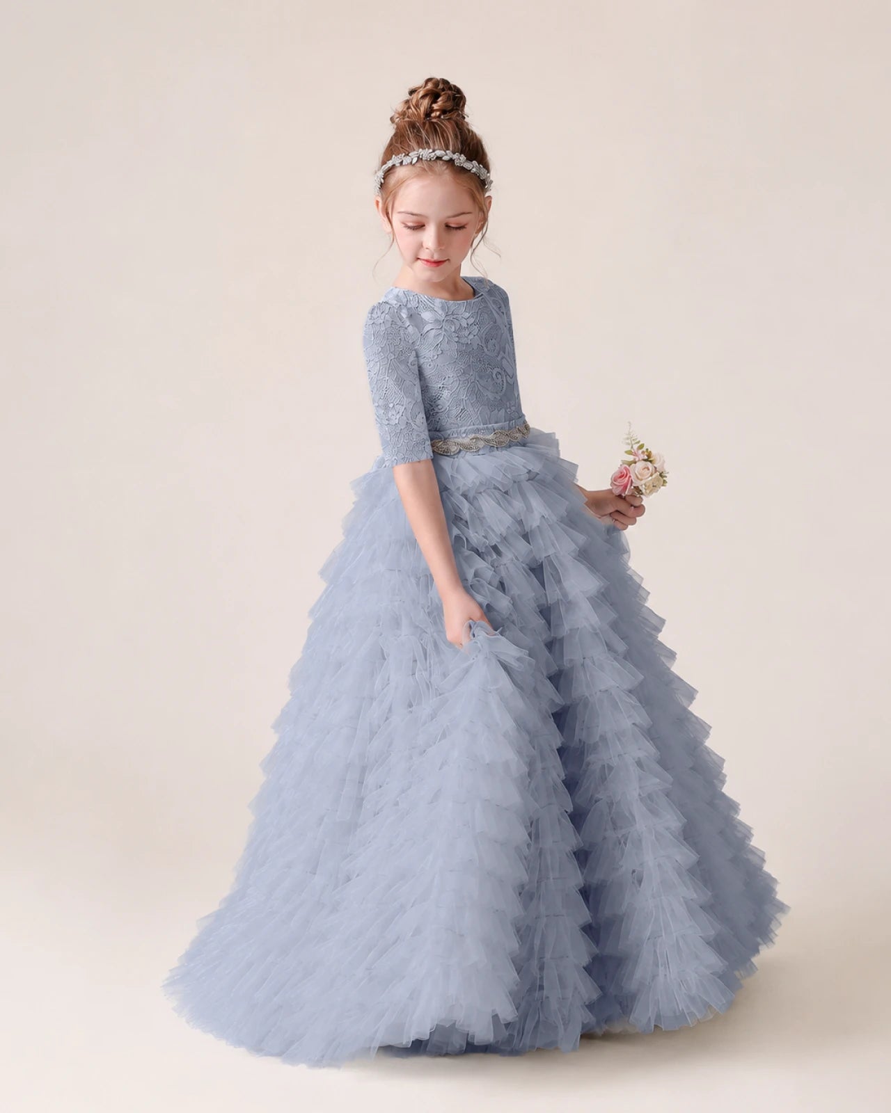 Dusty Blue Lace Ball Gown Pageant Dress Front View