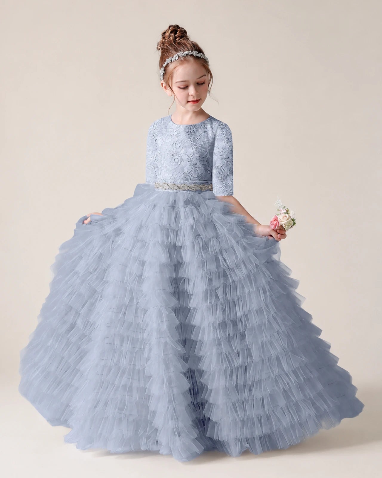 Dusty Blue Lace Ball Gown Pageant Dress Front View