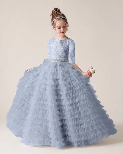 Dusty Blue Lace Ball Gown Pageant Dress Front View