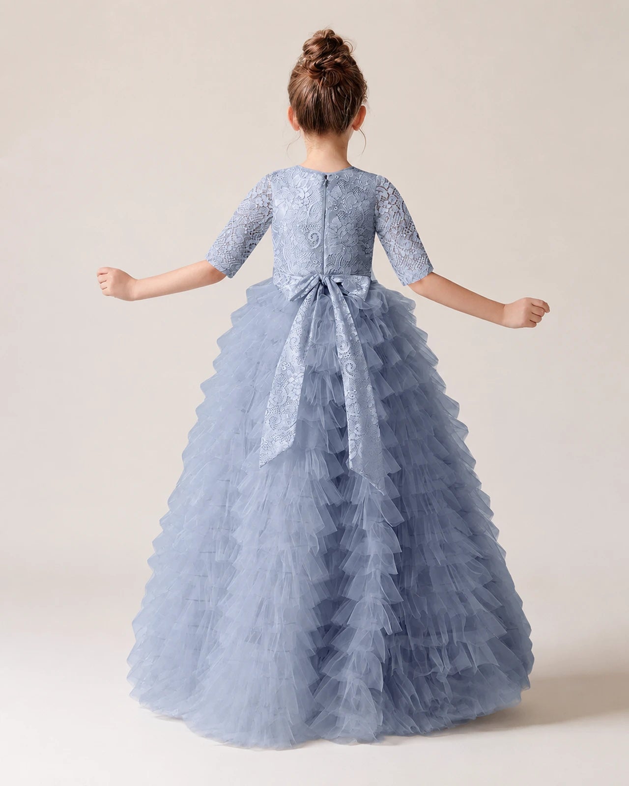 Dusty Blue Lace Ball Gown Pageant Dress Back View