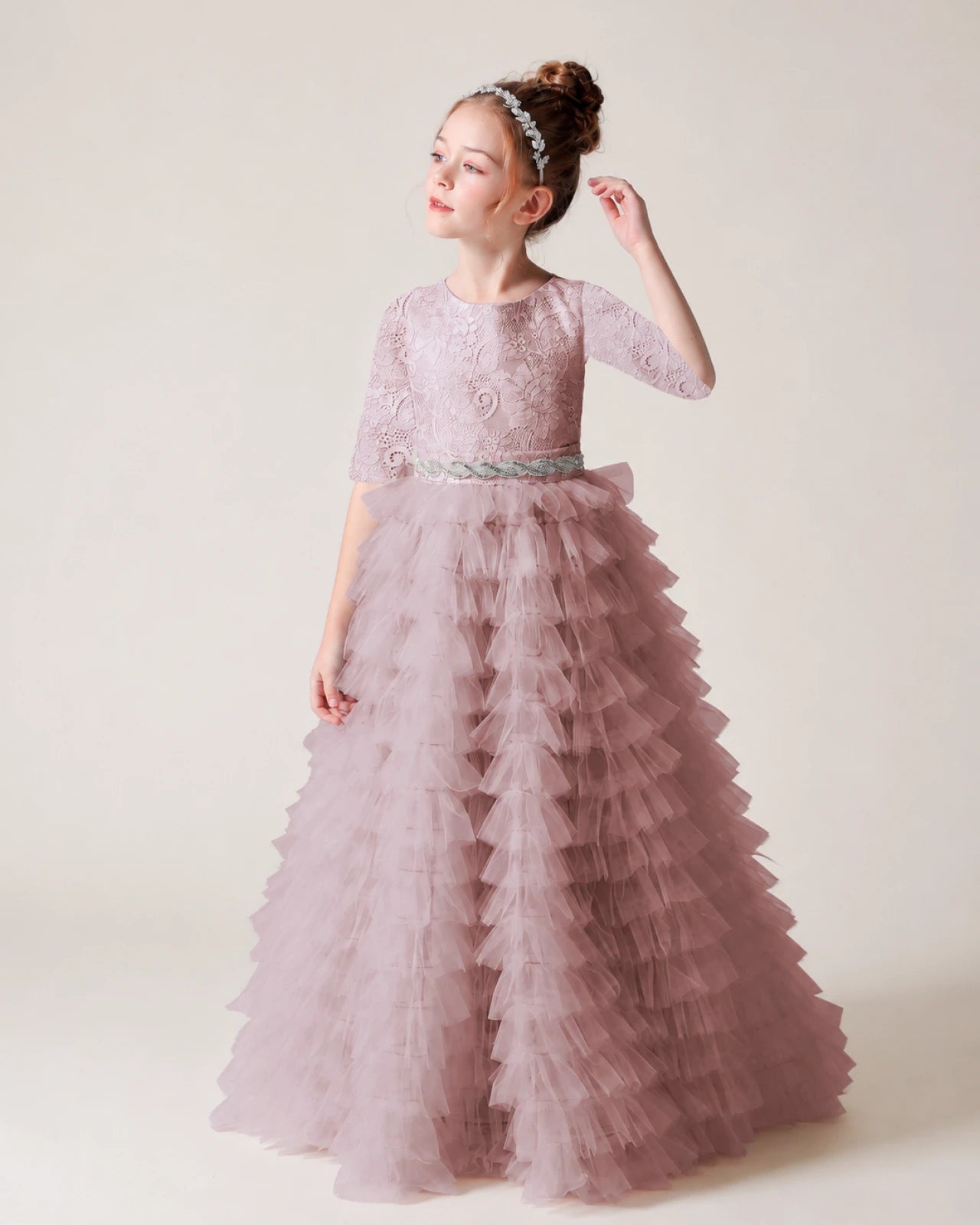 Dusty Rose Lace A-line Pageant Dress Front View