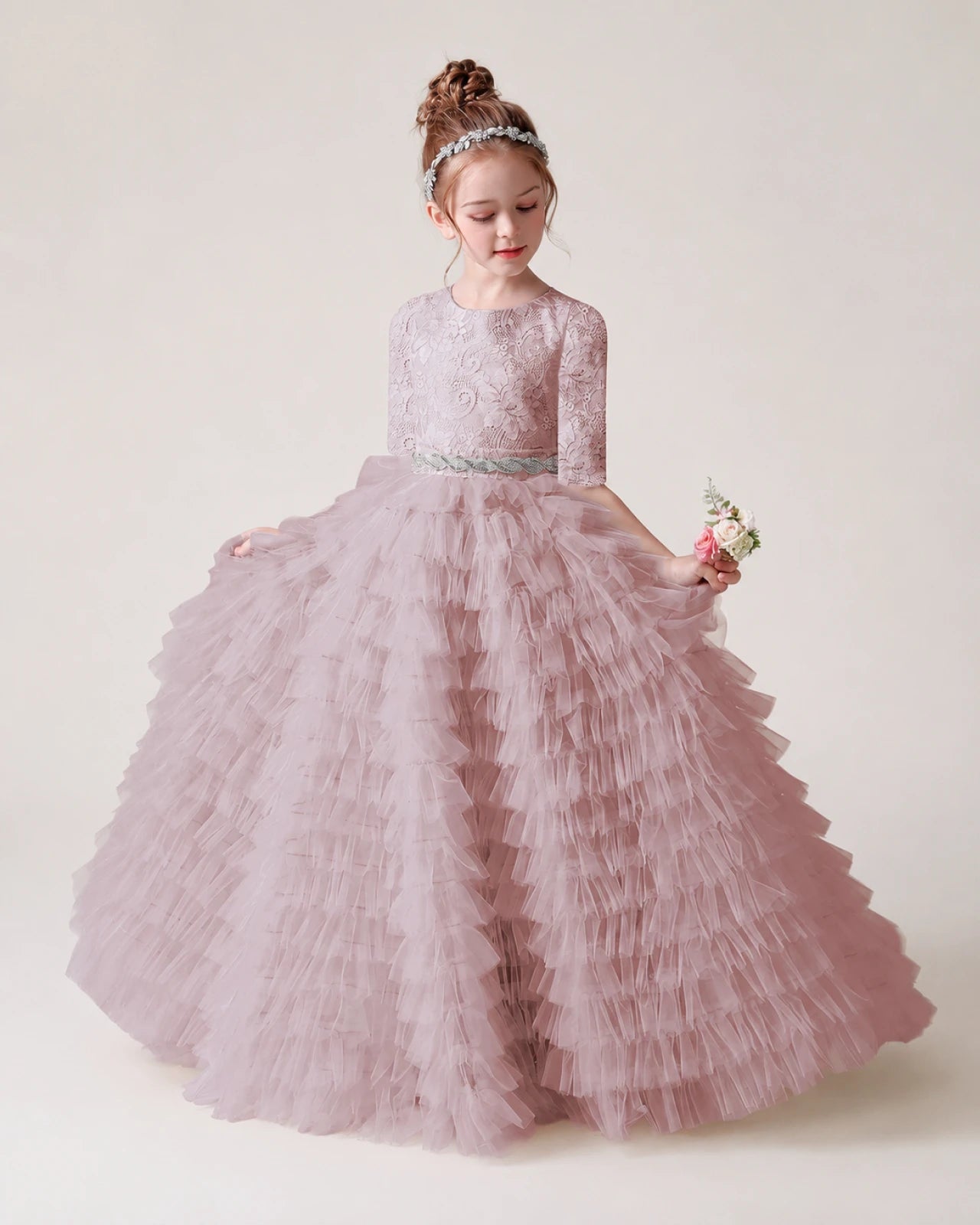 Dusty Rose Lace Ball Gown Pageant Dress Front View