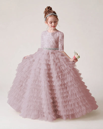 Dusty Rose Lace Ball Gown Pageant Dress Front View