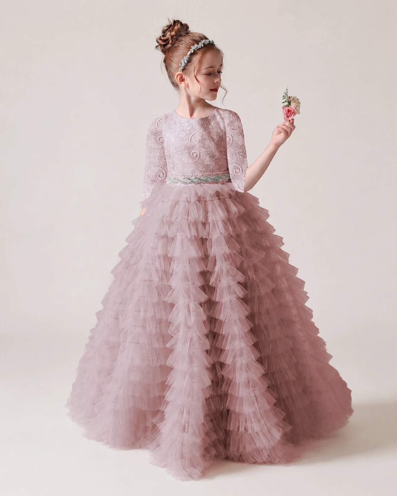 Dusty Rose Lace Ball Gown Pageant Dress Front View