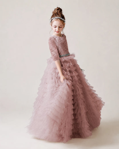 Dusty Rose Lace Ball Gown Pageant Dress Front View