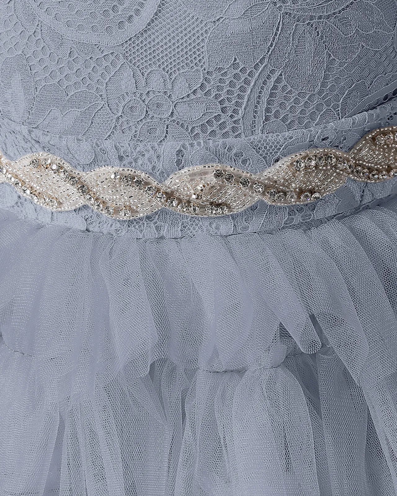 Dusty Blue Lace A-line Girls Formal Dress Front View