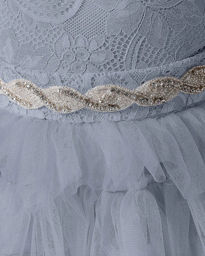 Dusty Blue Lace A-line Girls Formal Dress Front View