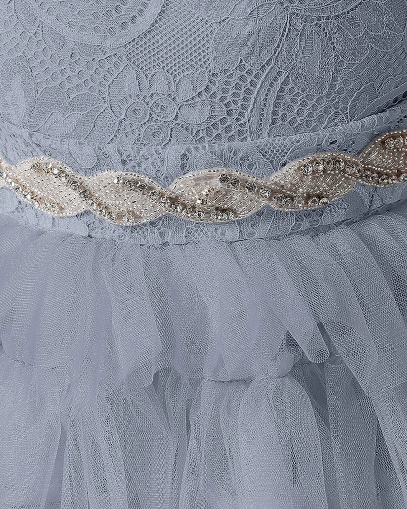 Dusty Blue Lace A-line Girls Formal Dress Front View