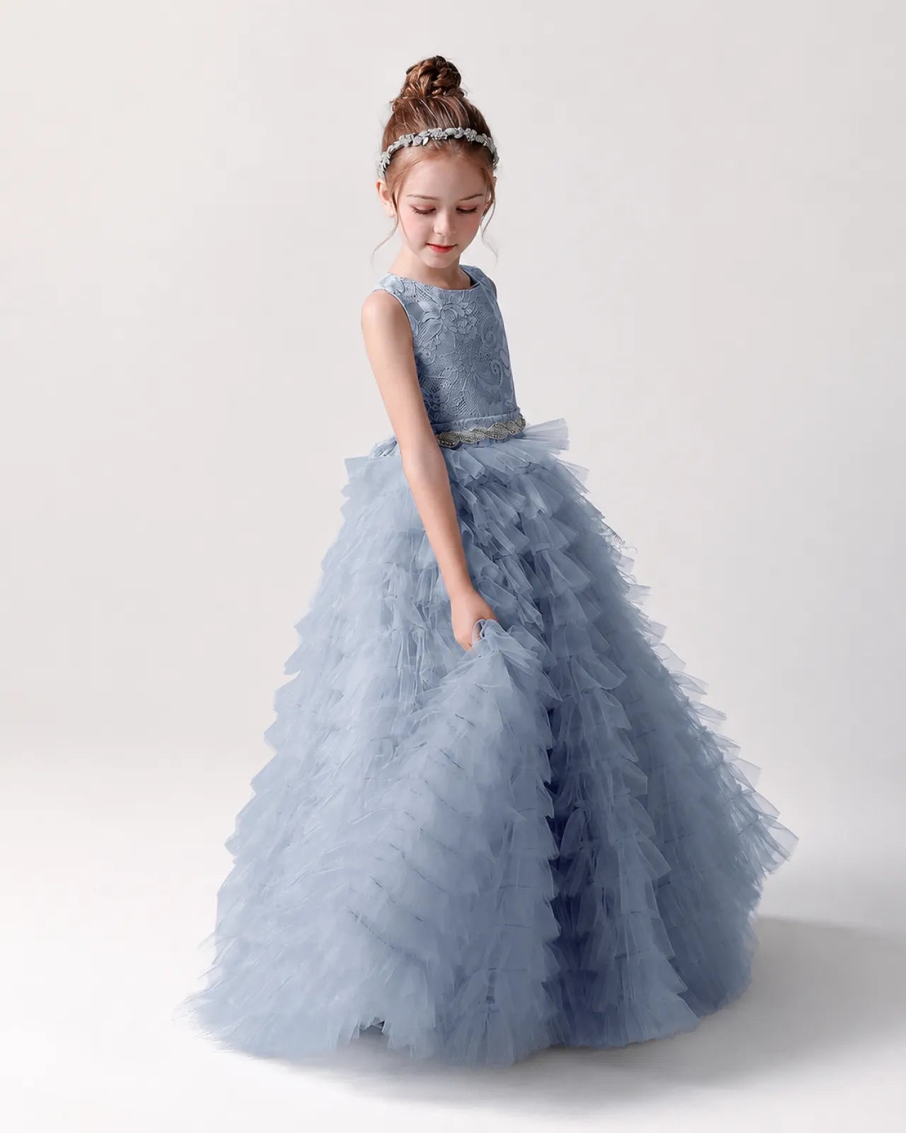 Dusty Blue Tulle Ball Gown Girls Formal Dress Side View