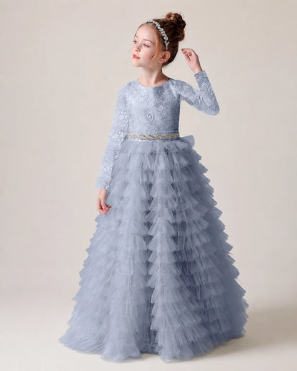 Dusty Blue Front Tiered Long Sleeve Flower Girl Dress