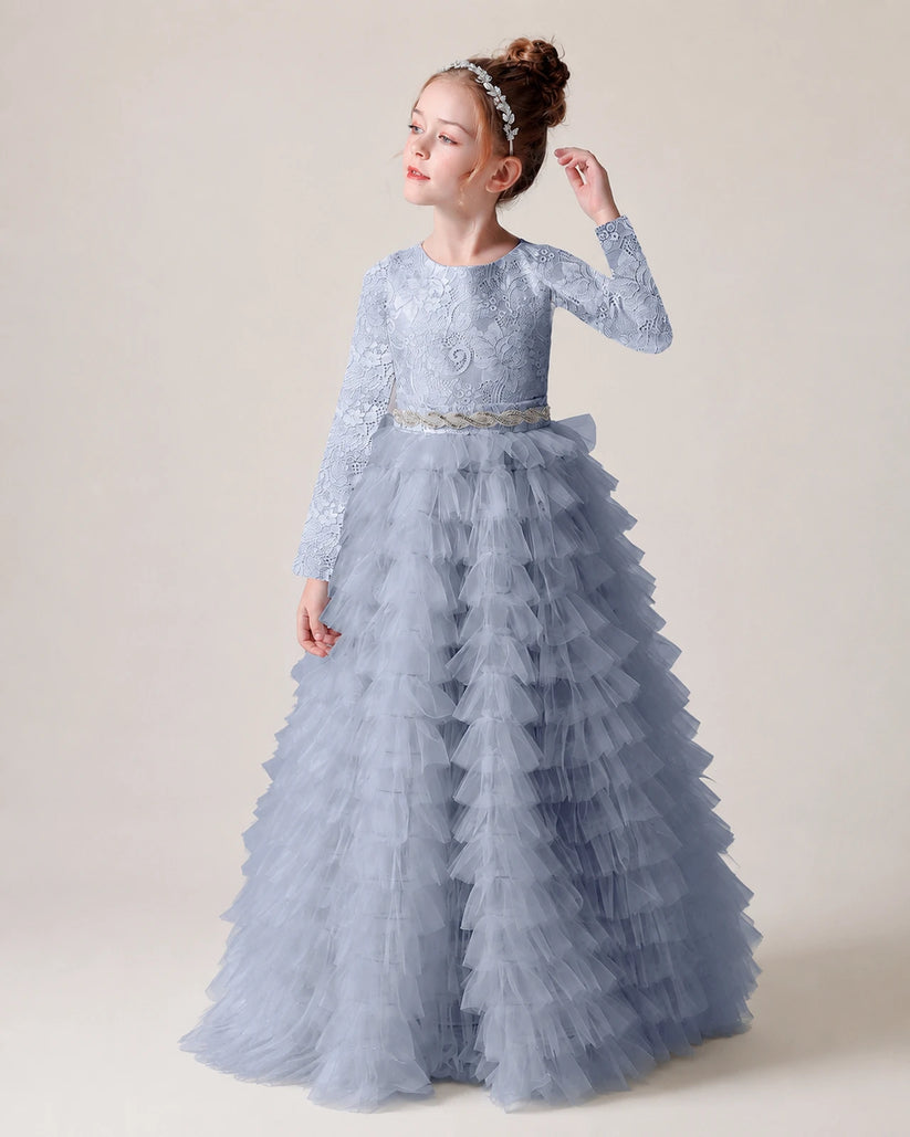 Dusty Blue Lace Ball Gown Pageant Dress Front View