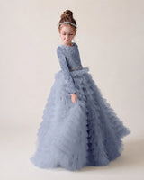 Dusty Blue Lace Ball Gown Pageant Dress Front View