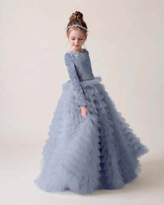 Dusty Blue Lace Ball Gown Pageant Dress Front View