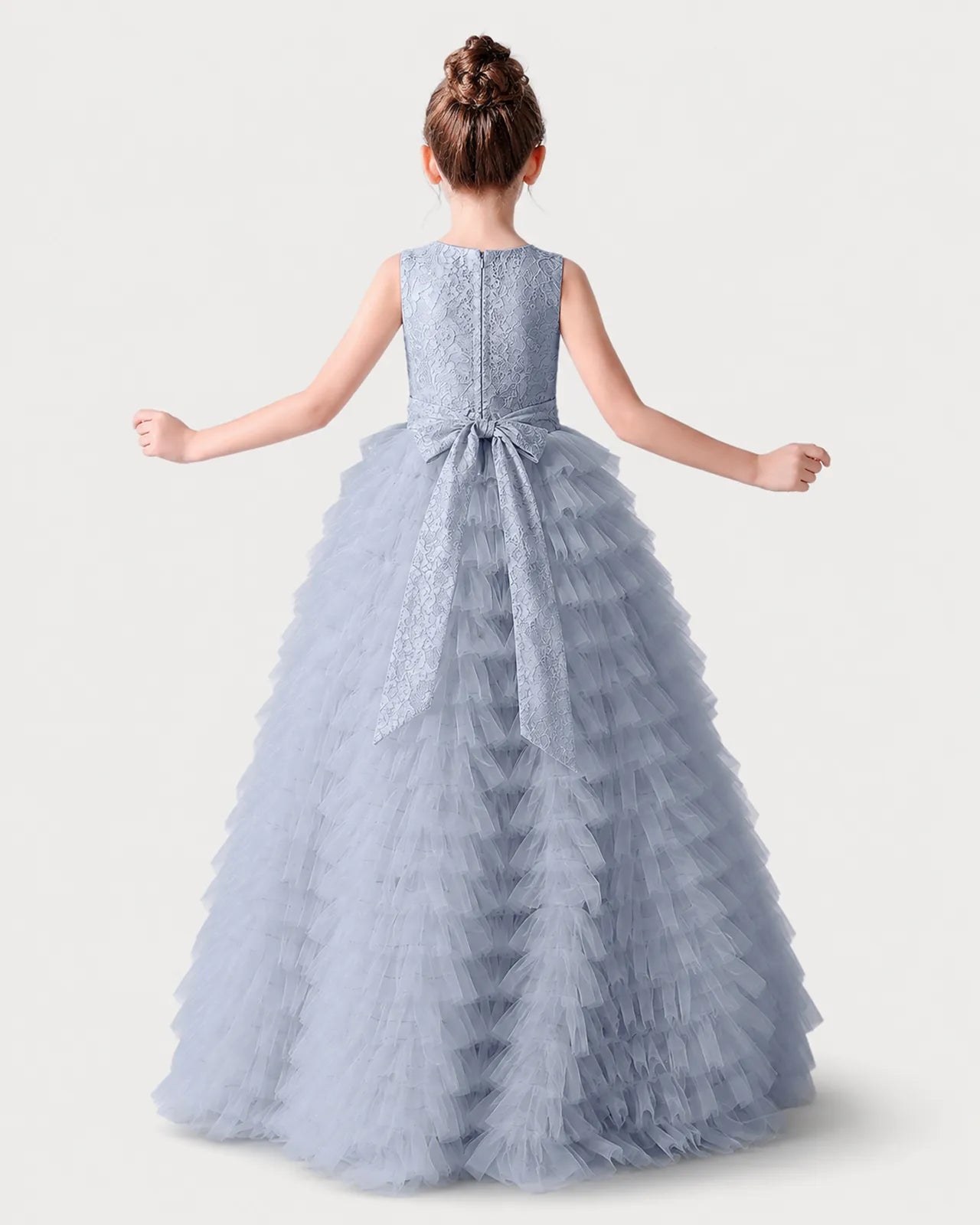 Dusty Blue Lace Ball Gown Girls Formal Dress Back View