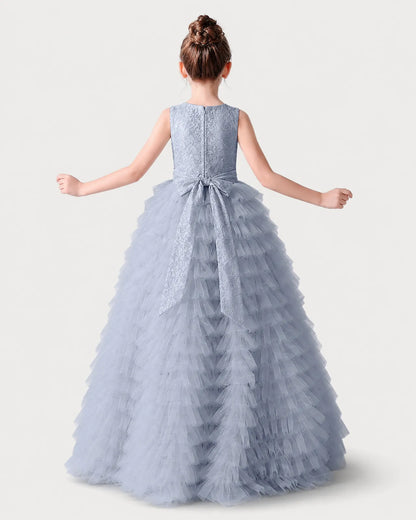 Dusty Blue Lace Ball Gown Girls Formal Dress Back View