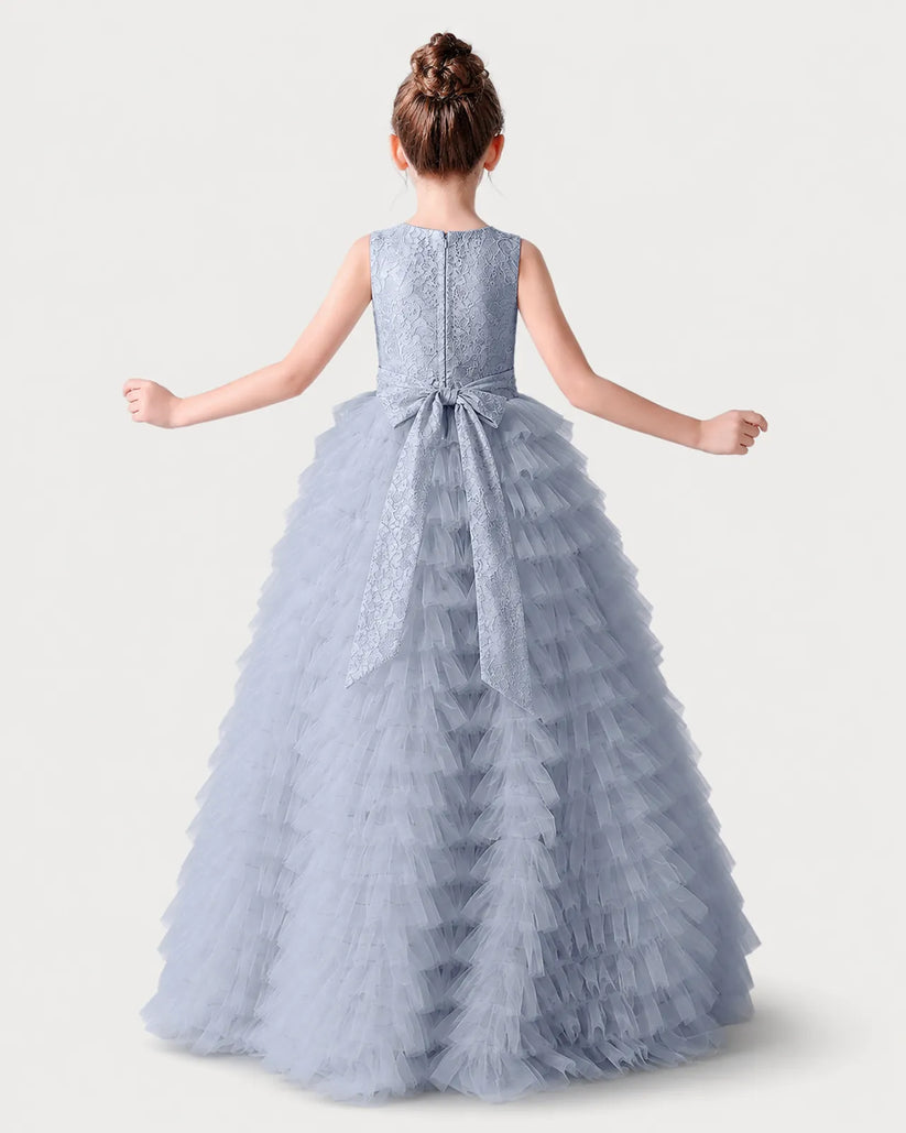 Dusty Blue Lace Ball Gown Girls Formal Dress Back View