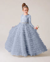 Dusty Blue Lace Ball Gown Pageant Dress Front View
