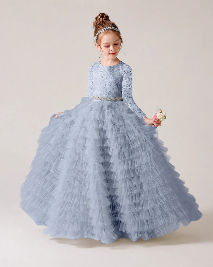 Dusty Blue Lace Ball Gown Pageant Dress Front View