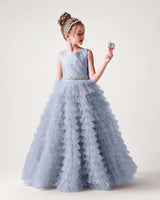 Dusty Blue Lace Ball Gown Girls Formal Dress Front View