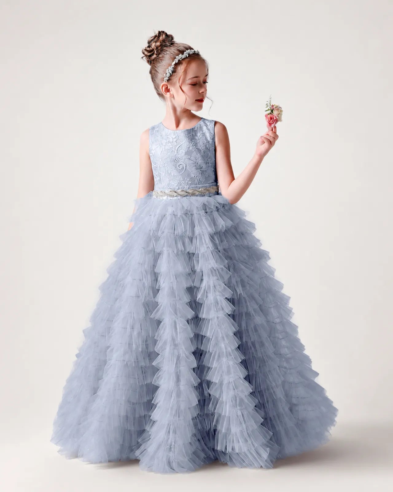 Dusty Blue Lace Ball Gown Girls Formal Dress Front View